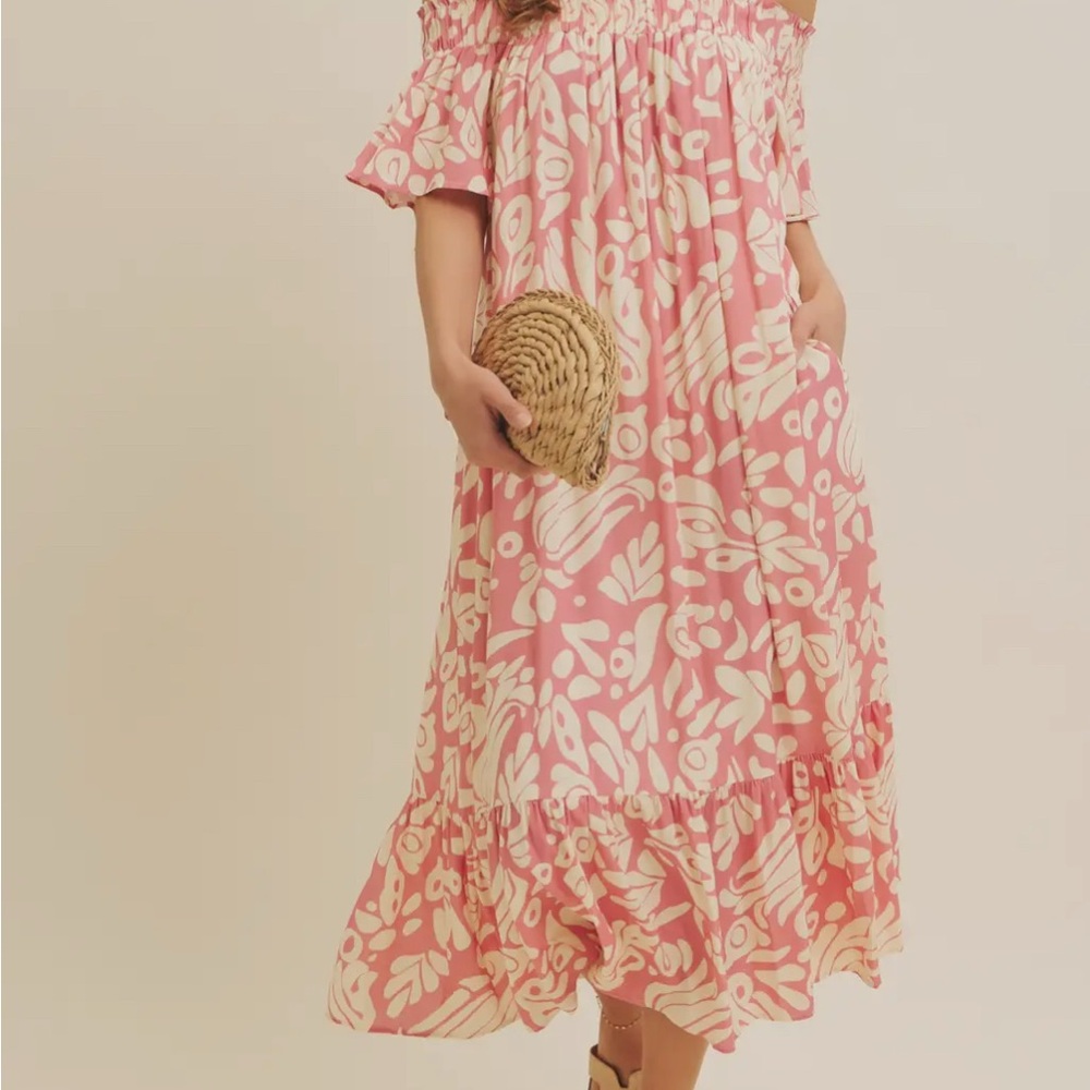 Pink Floral Off-Shoulder Midi Dress